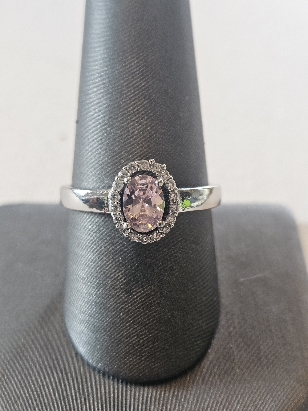 Silver Tone Pink Oval Halo Ring